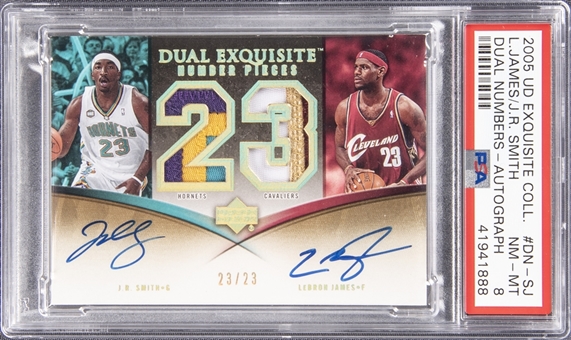 2005-06 UD "Exquisite Collection" Dual Number Pieces Autographs #DN-SJ LeBron James/J.R. Smith Dual Signed Game Used Patch Card (#23/23) – LeBrons Jersey Number! – PSA NM-MT 8